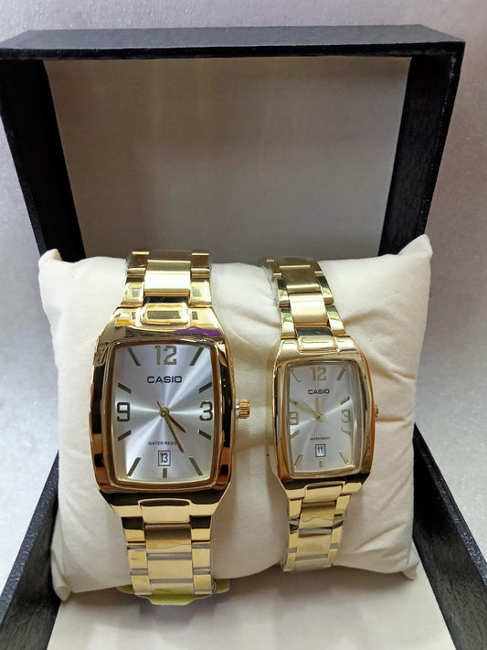Casio Square face Silver and Gold Couple Watch
