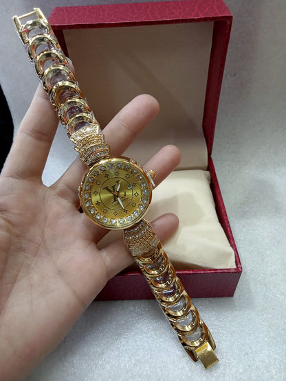 Louis Vuitton Gold And Silver Watch With Diamond Studs