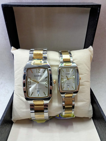 Casio Square face Silver and Gold Couple Watch
